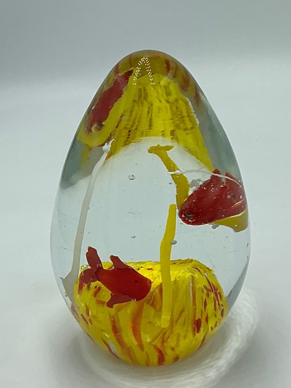 Vintage Egg Shaped Art Glass Paperweight Aquarium Red Fish Yellow Coral